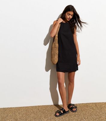 Black Linen Blend Open Back Mini Dress | New Look