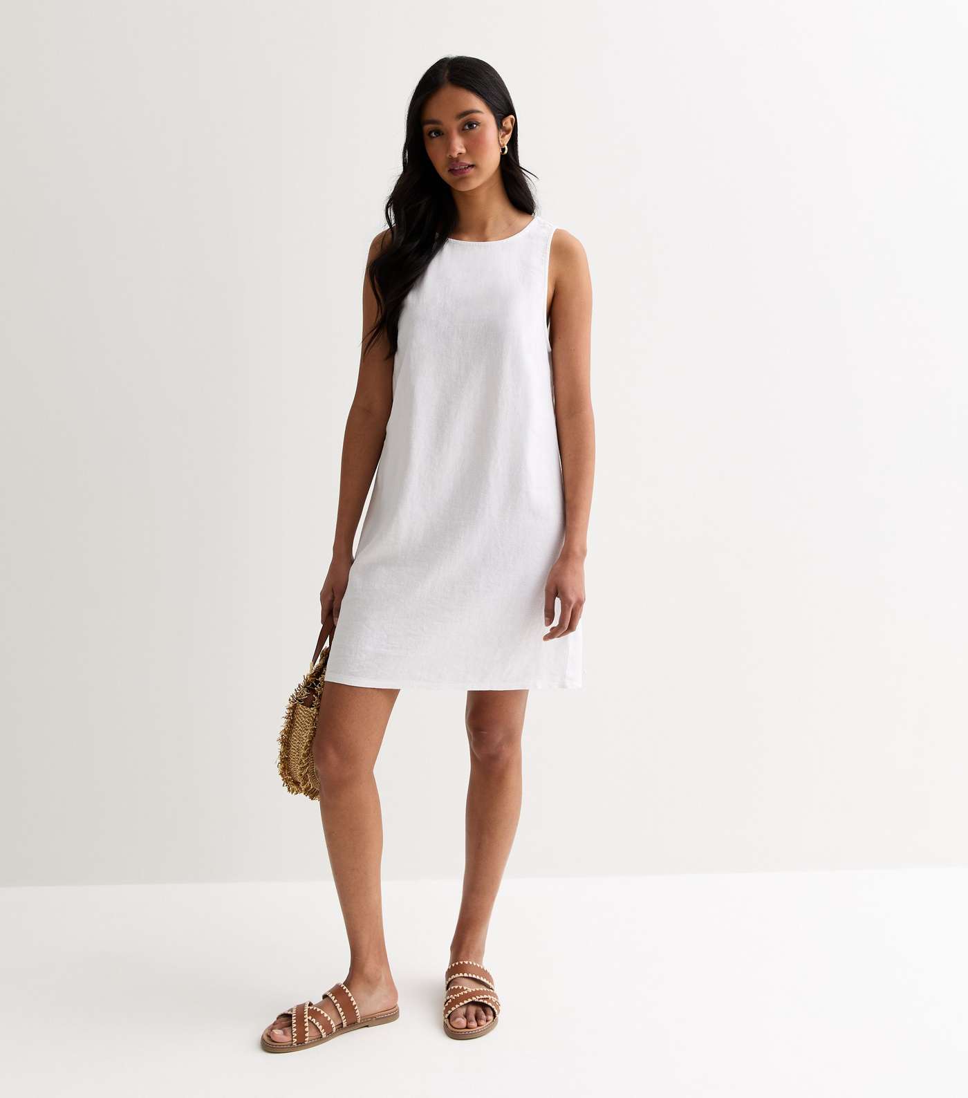 Off White Linen Blend Open Back Mini Dress Image 3