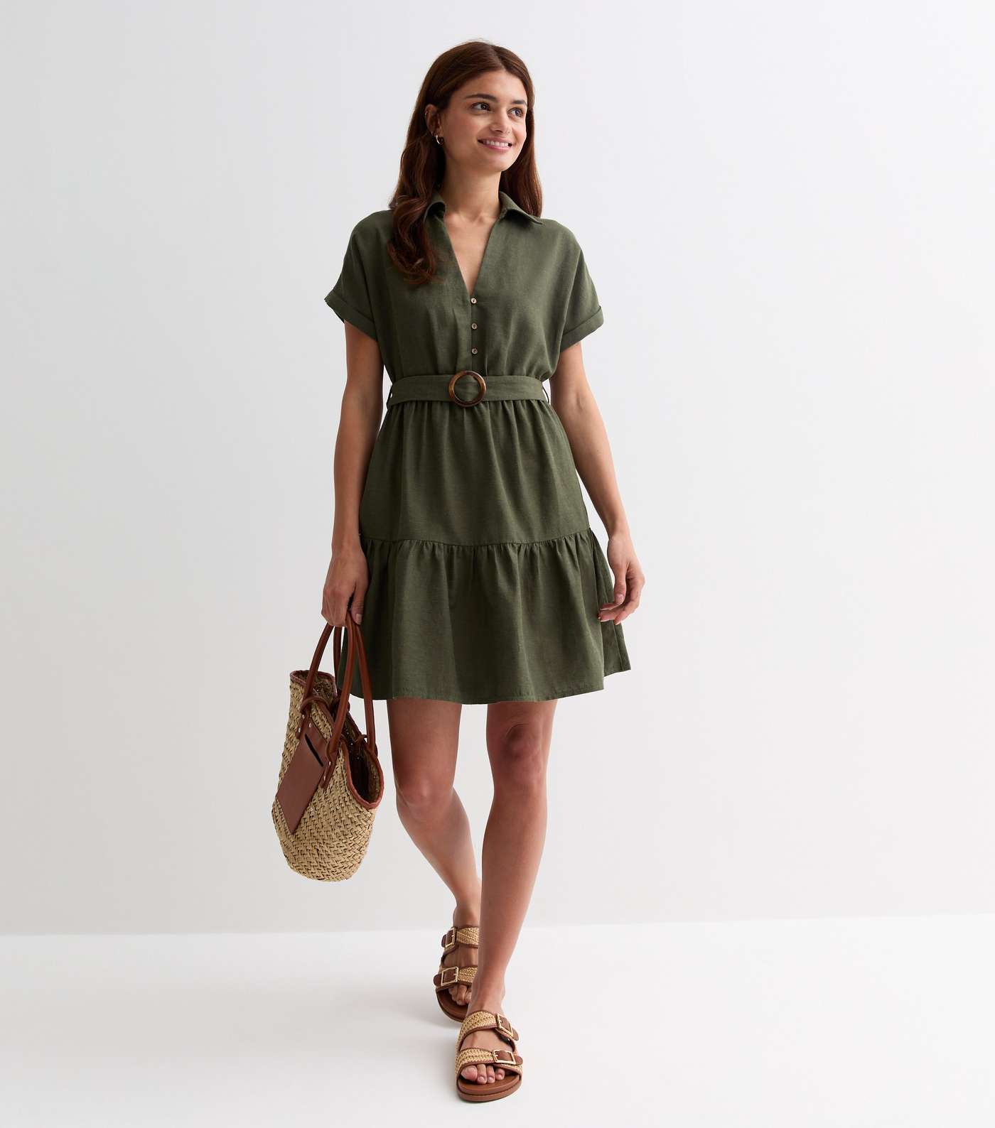 Olive Short Sleeve Belted Mini Shirt Dress Image 3