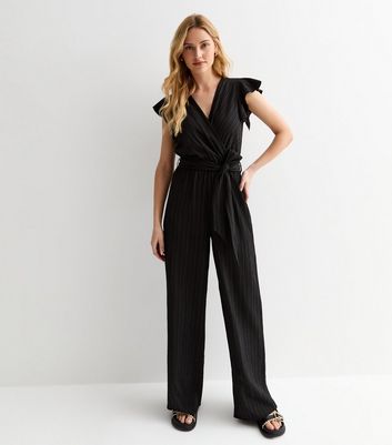 Black Textured Frill Wrap Jumpsuit New Look