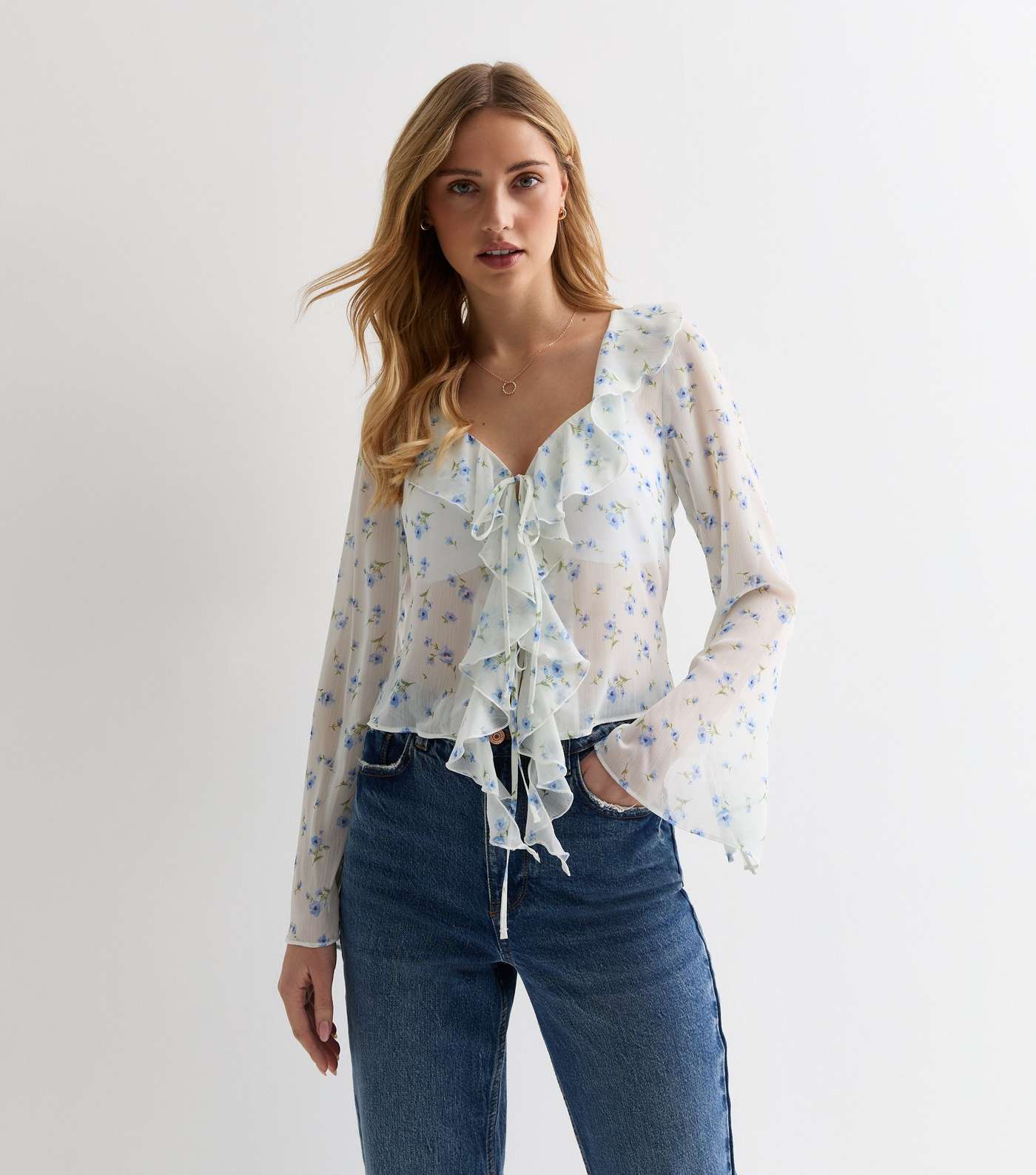 White Floral Sheer Ruffle Tie Front Blouse Image 3