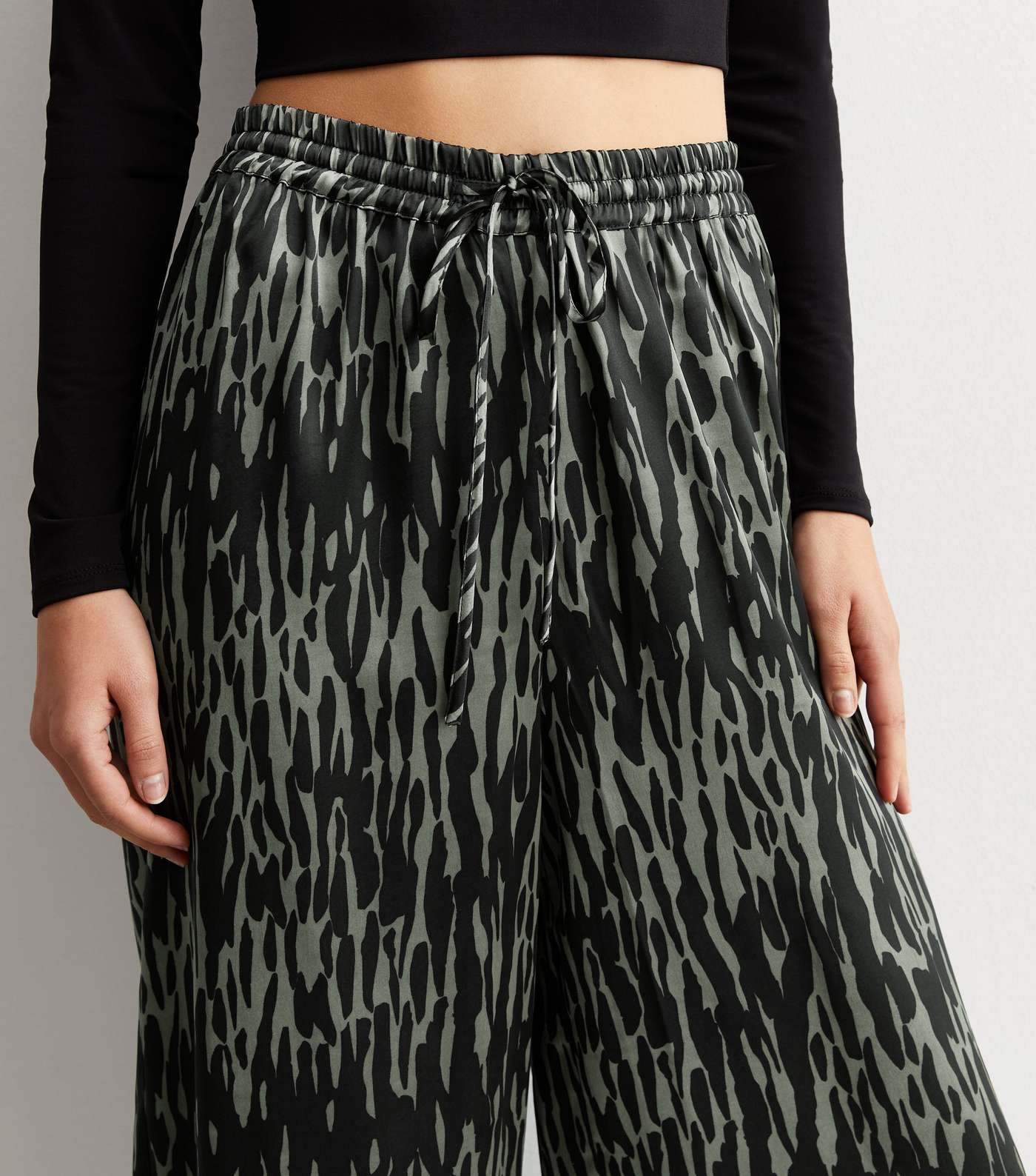 Black Abstract Print Satin Wide Leg Trousers Image 2