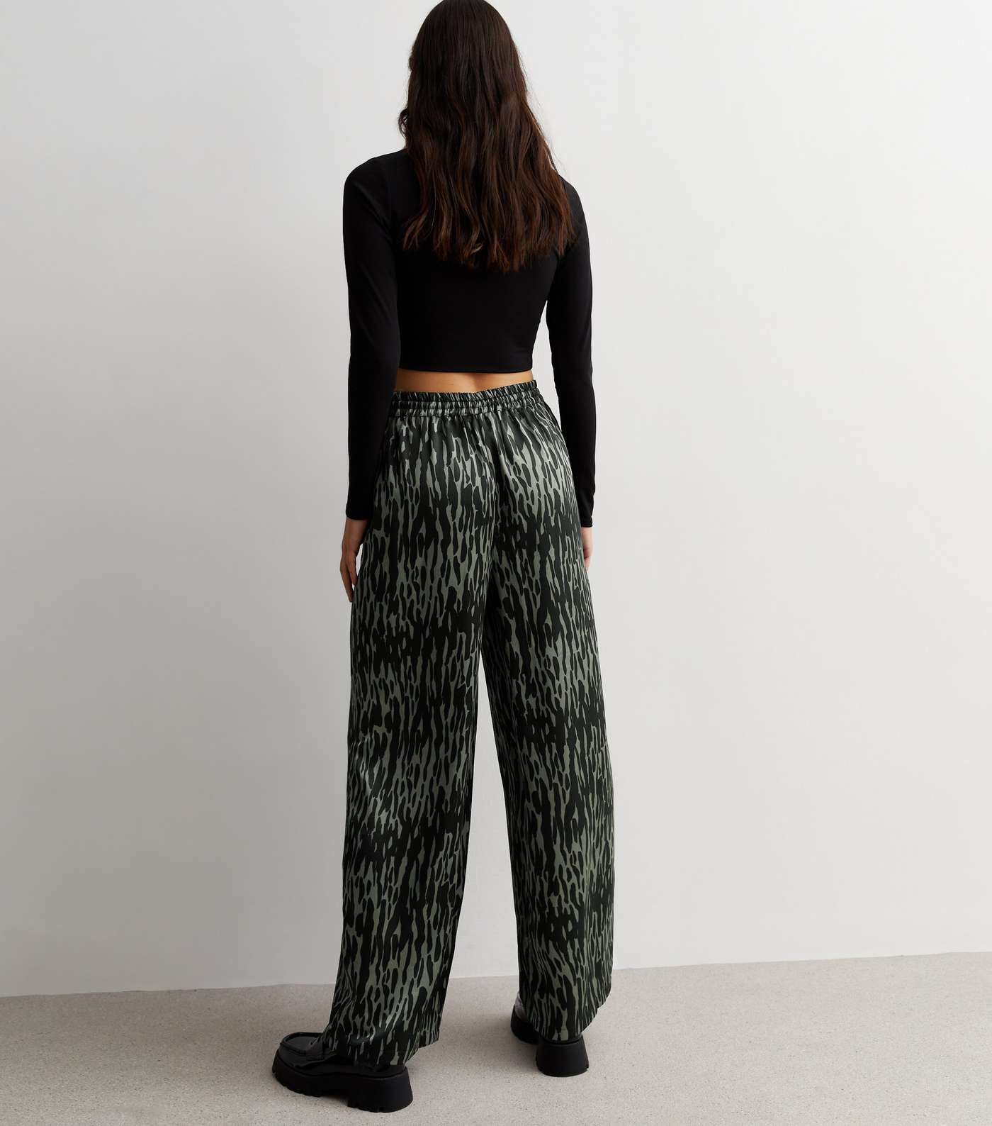 Black Abstract Print Satin Wide Leg Trousers Image 4