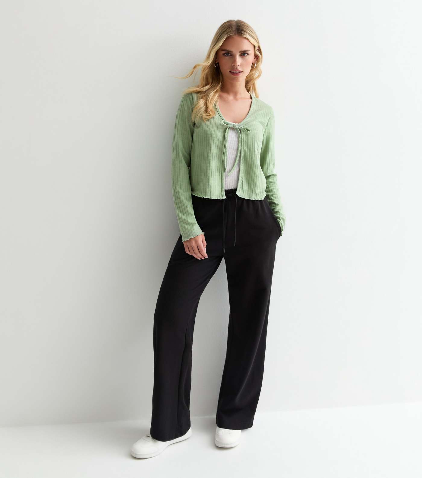Petite Light Green Ribbed Tie Front Cardigan Image 2