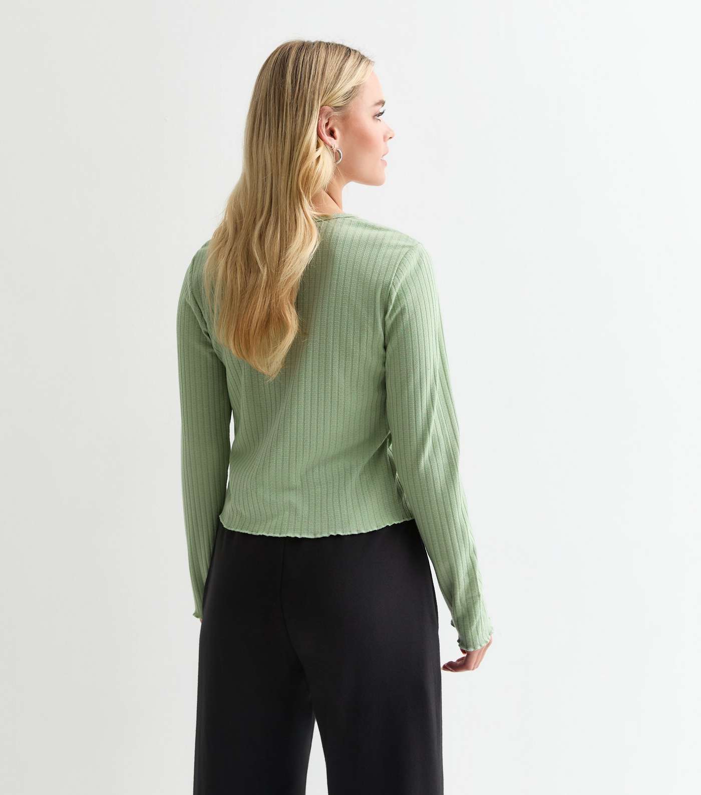 Petite Light Green Ribbed Tie Front Cardigan Image 4
