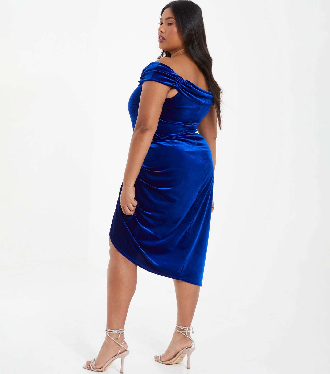 QUIZ Curves Bright Blue Velvet Bardot Midi Dress Image 3