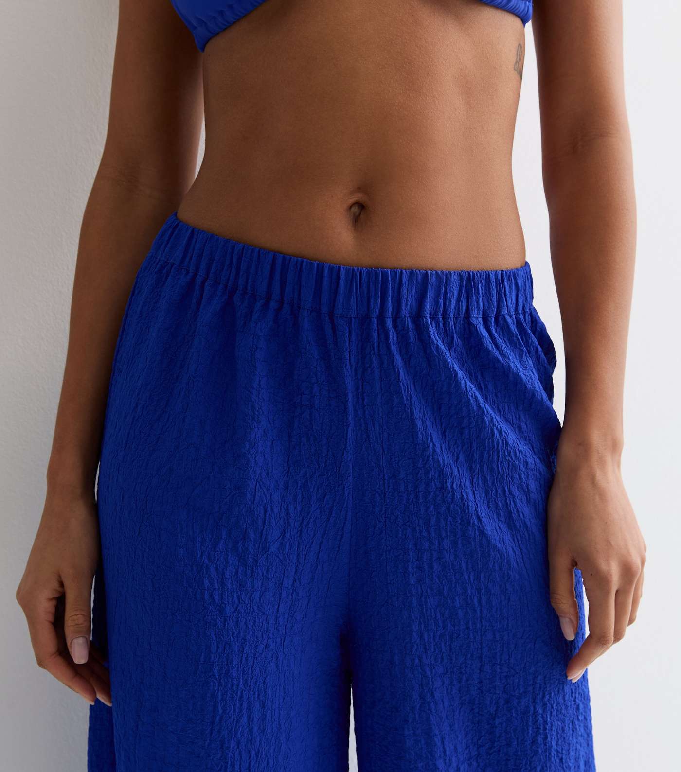 Blue Textured Wide Leg Beach Trousers Image 3