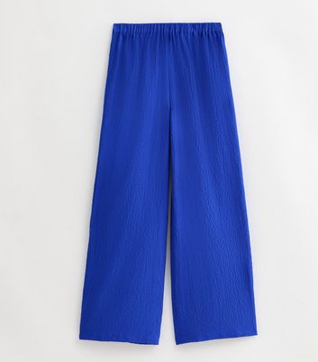 Blue Textured Wide Leg Beach Trousers New Look