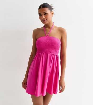 Bright Pink Shirred Halterneck Mini Dress