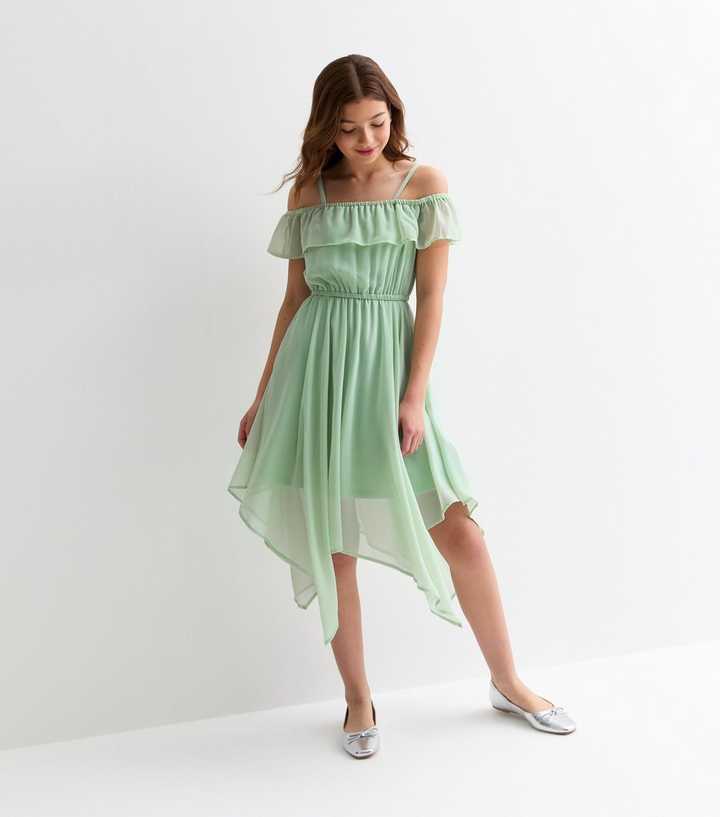 Girls Light Green Chiffon Strappy Hanky Hem Midi Dress