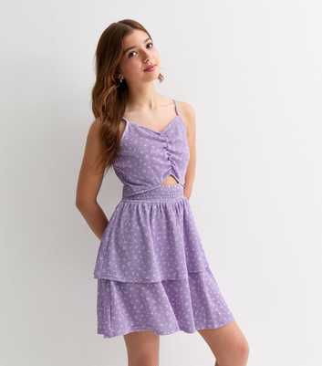 Girls Lilac Ditsy Floral Textured Strappy Ruched Dress