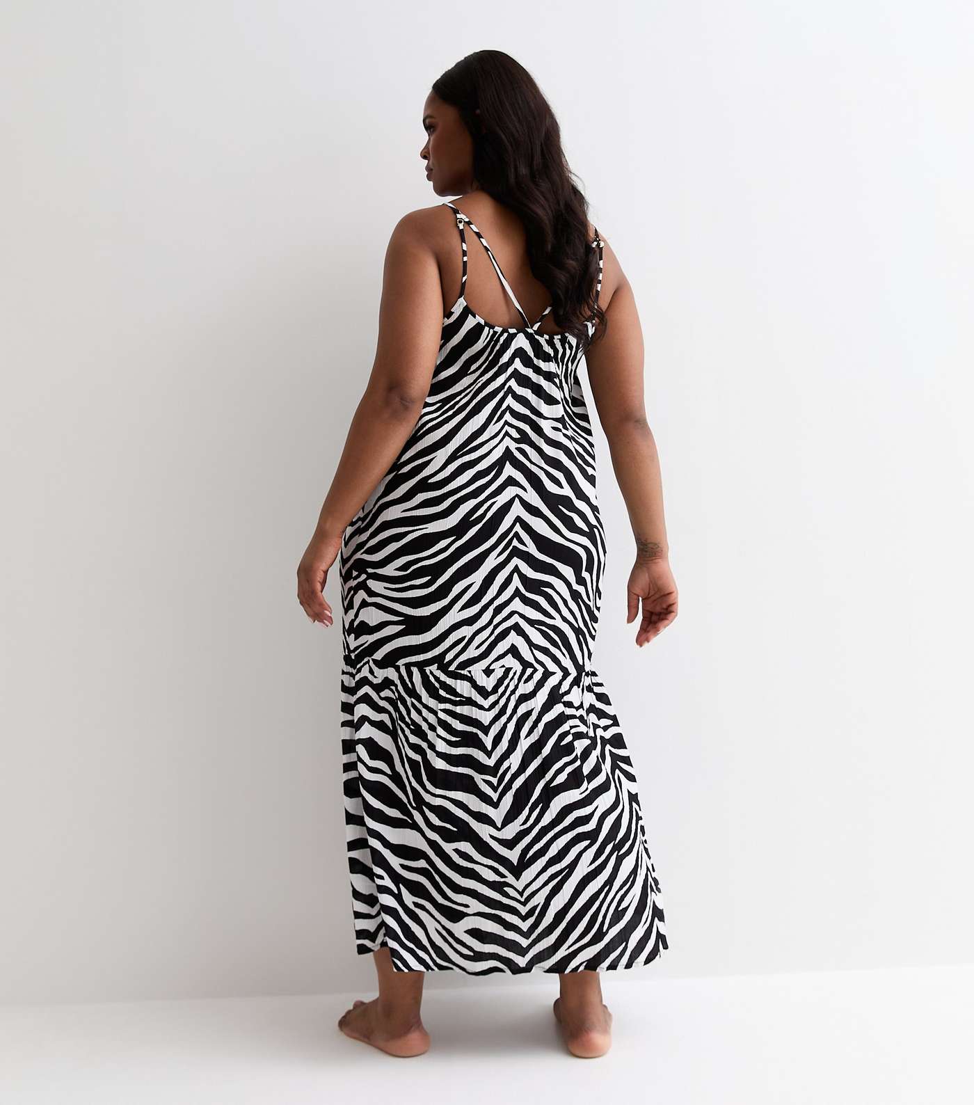 Curves White Zebra Print Cross Back Maxi Beach Dress Image 4