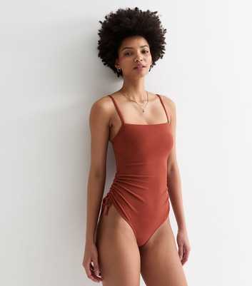 Tall Rust Textured Square Neck Ruched Swimsuit