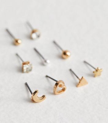 9 Pack Gold Mixed Tiny Stud Earrings New Look
