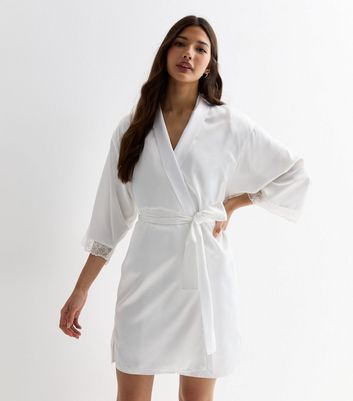 White Satin Lace Trim Bride Logo Belted Dressing Gown New Look