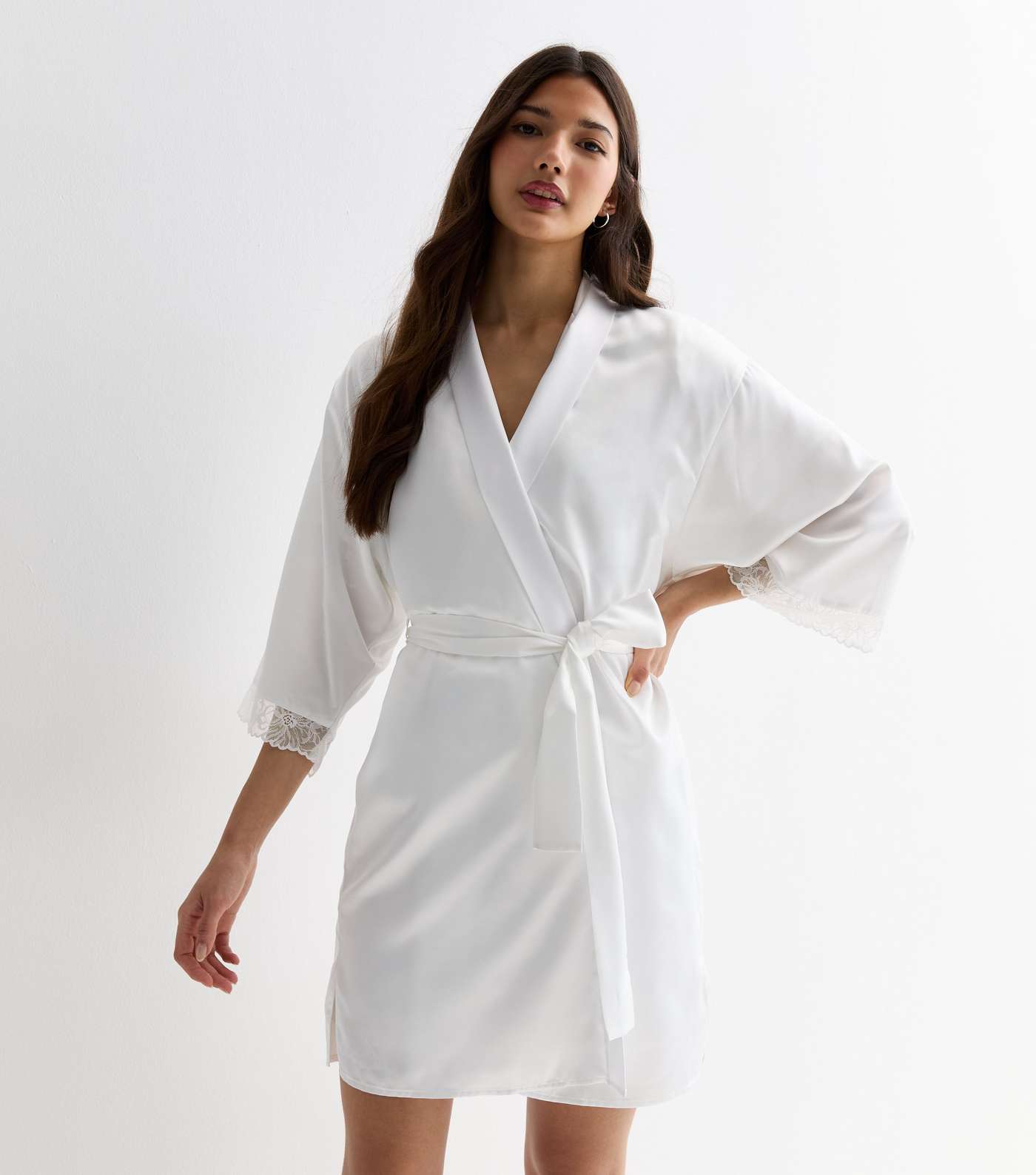 White Satin Lace Trim Bride Logo Belted Dressing Gown Image 2