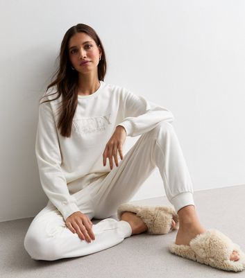 Off White Wifey Logo Jogger Pyjama Set New Look