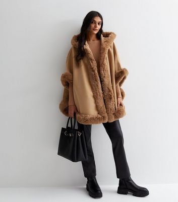 Faux fur trim hooded cape best sale