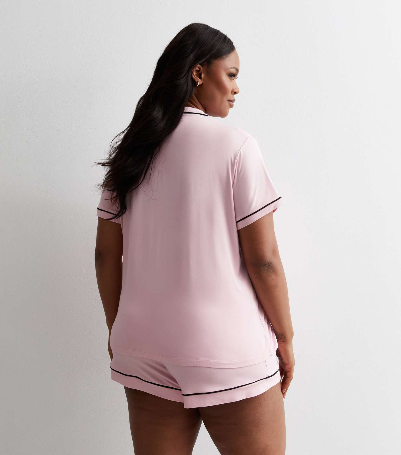 Curves Pale Pink Short Pyjama Set with Piping Trim Image 4