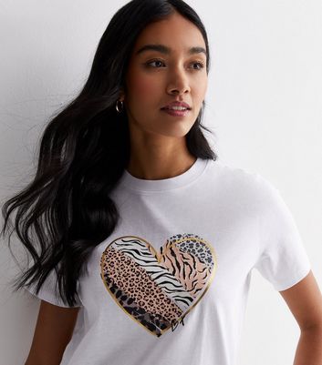 White Cotton Animal Print Heart Logo T-Shirt | New Look