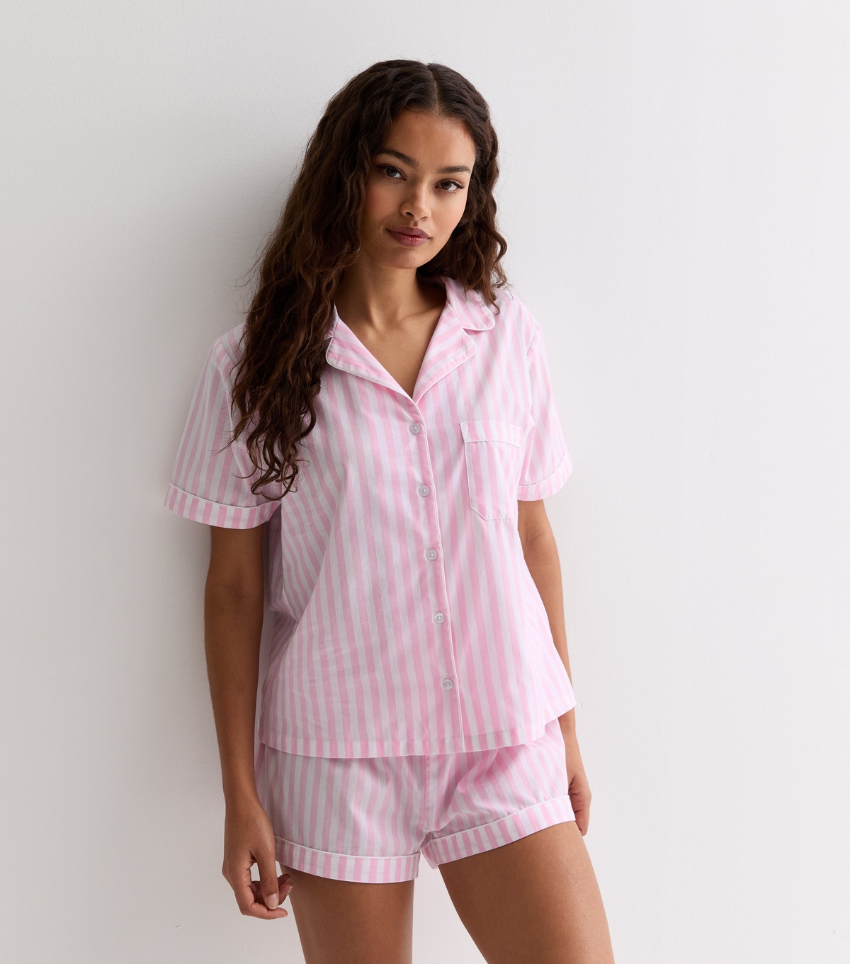 Women's Petite Pink Stripe Cotton Short Pyjama Set New Look