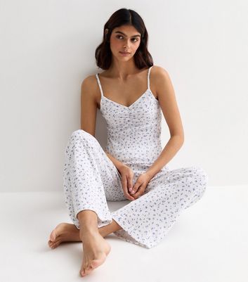 White Floral Pointelle Cami Lounge Set New Look