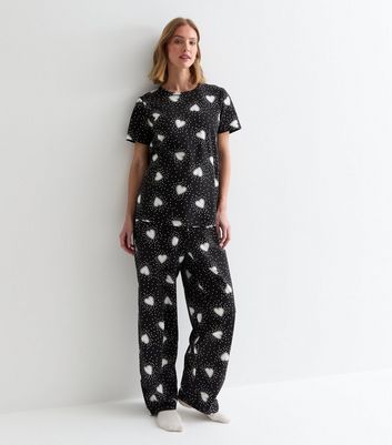 Maternity Black Heart Print Cotton Wide Leg Pyjama Set New Look