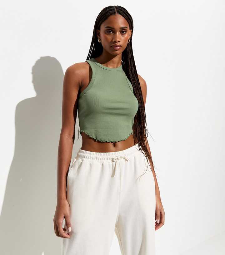 Khaki Ribbed Scoop Hem Crop Vest