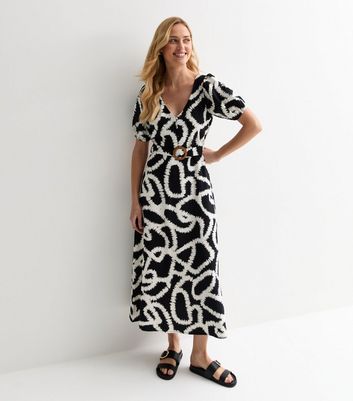 Black Abstract Print V Neck Belted Midi Dress New Look