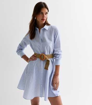 Blue Cotton Stripe Belted Mini Shirt Dress