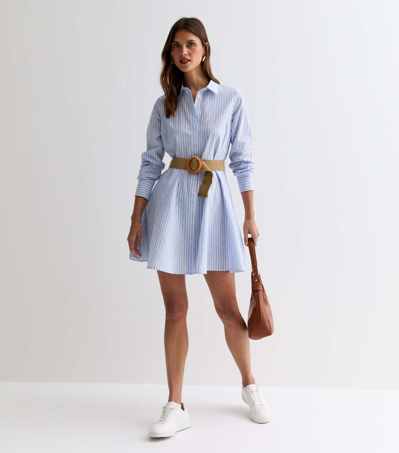 Blue Cotton Stripe Belted Mini Shirt Dress Image 3