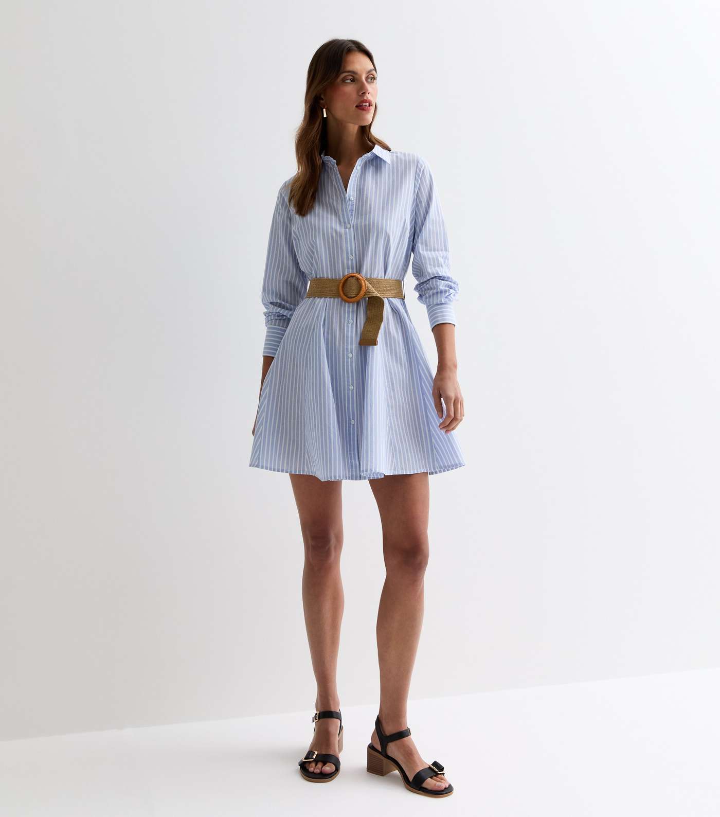 Blue Cotton Stripe Belted Mini Shirt Dress Image 5