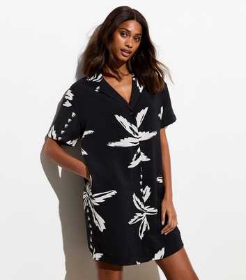 Black Palm Tree Print Mini Shirt Dress