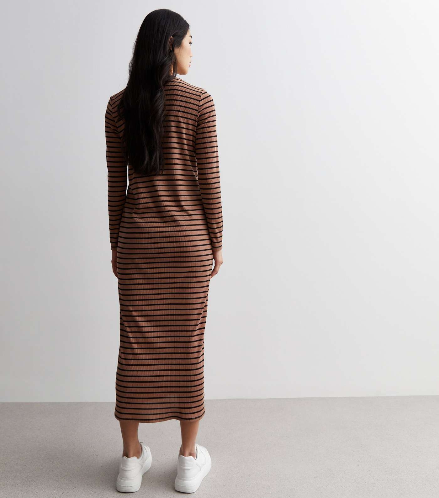 Brown Stripe Long Sleeve Midi Dress Image 4