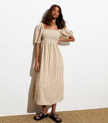 Light Brown Stripe Square Neck Shirred Midi Dress