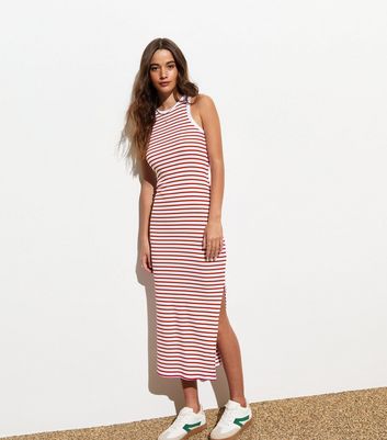 Red Stripe Ribbed Racer Bodycon Midi Dress New Look