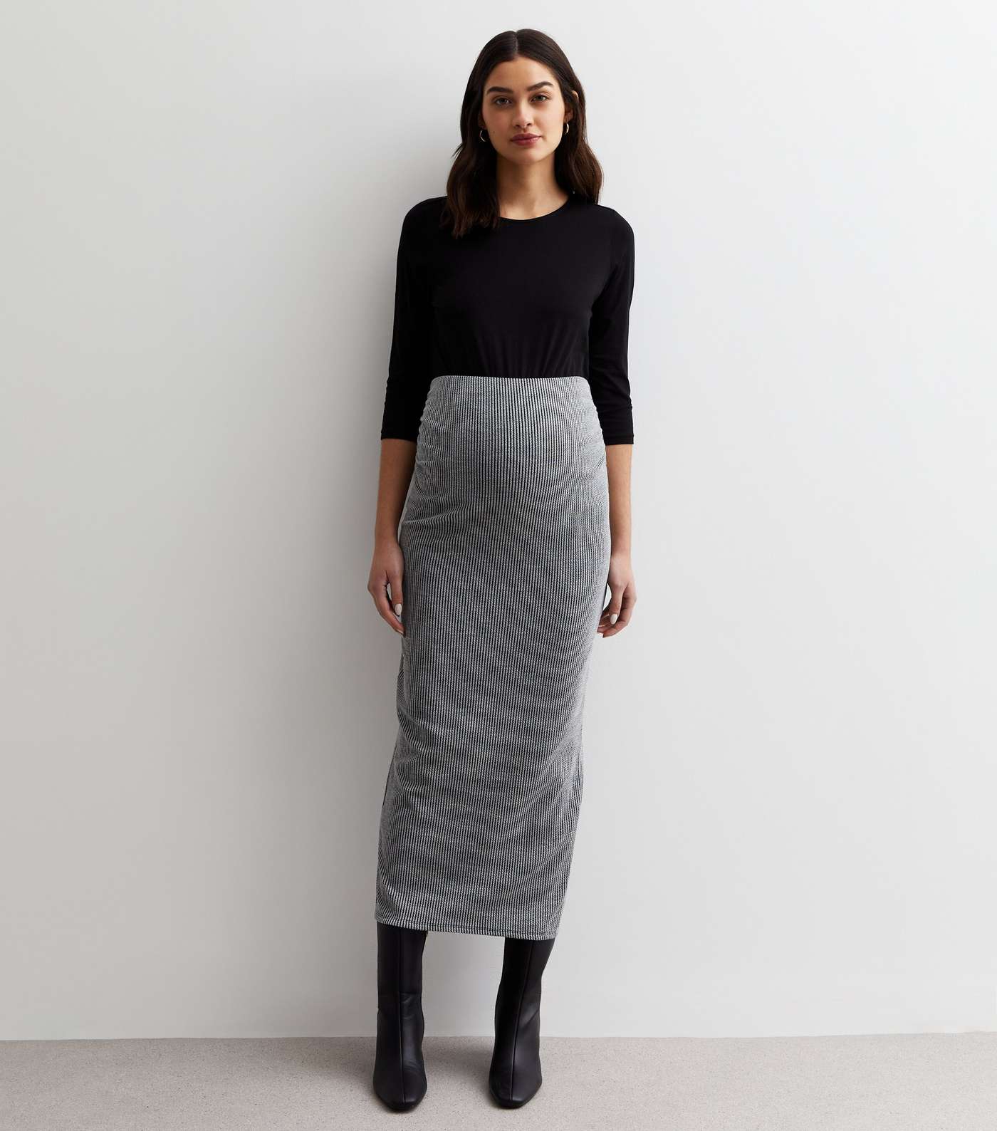 Maternity Pale Grey Ribbed Knit Midaxi Skirt Image 3