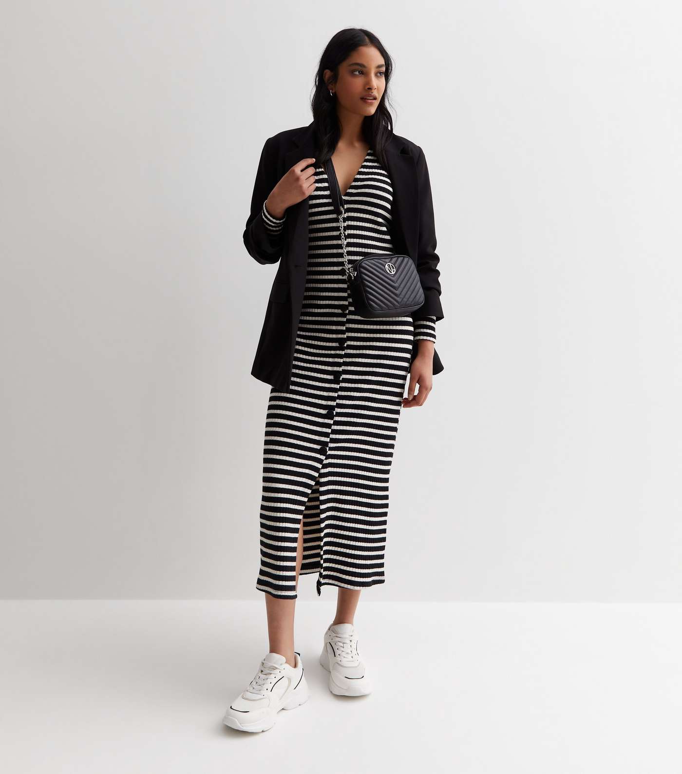 Black Stripe Long Sleeve Button Front Midi Dress Image 3