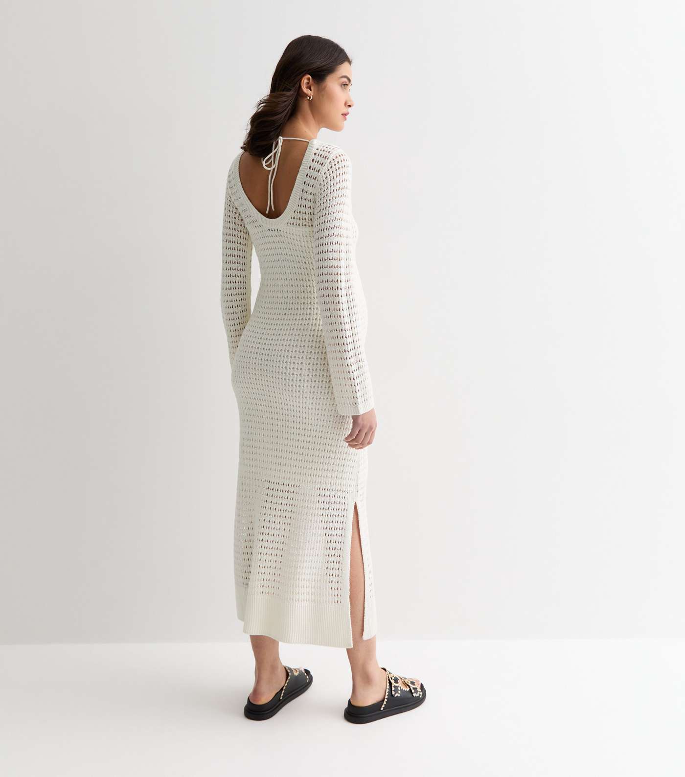 Maternity Cream Pointelle Stitch Knit Long Sleeve Maxi Dress Image 4