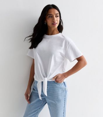 Petite White Cotton Tie Front T-Shirt New Look