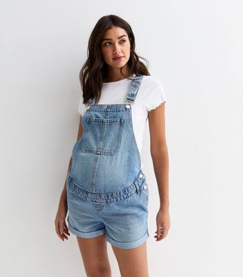 Maternity Pale Blue Denim Short Dungarees | New Look