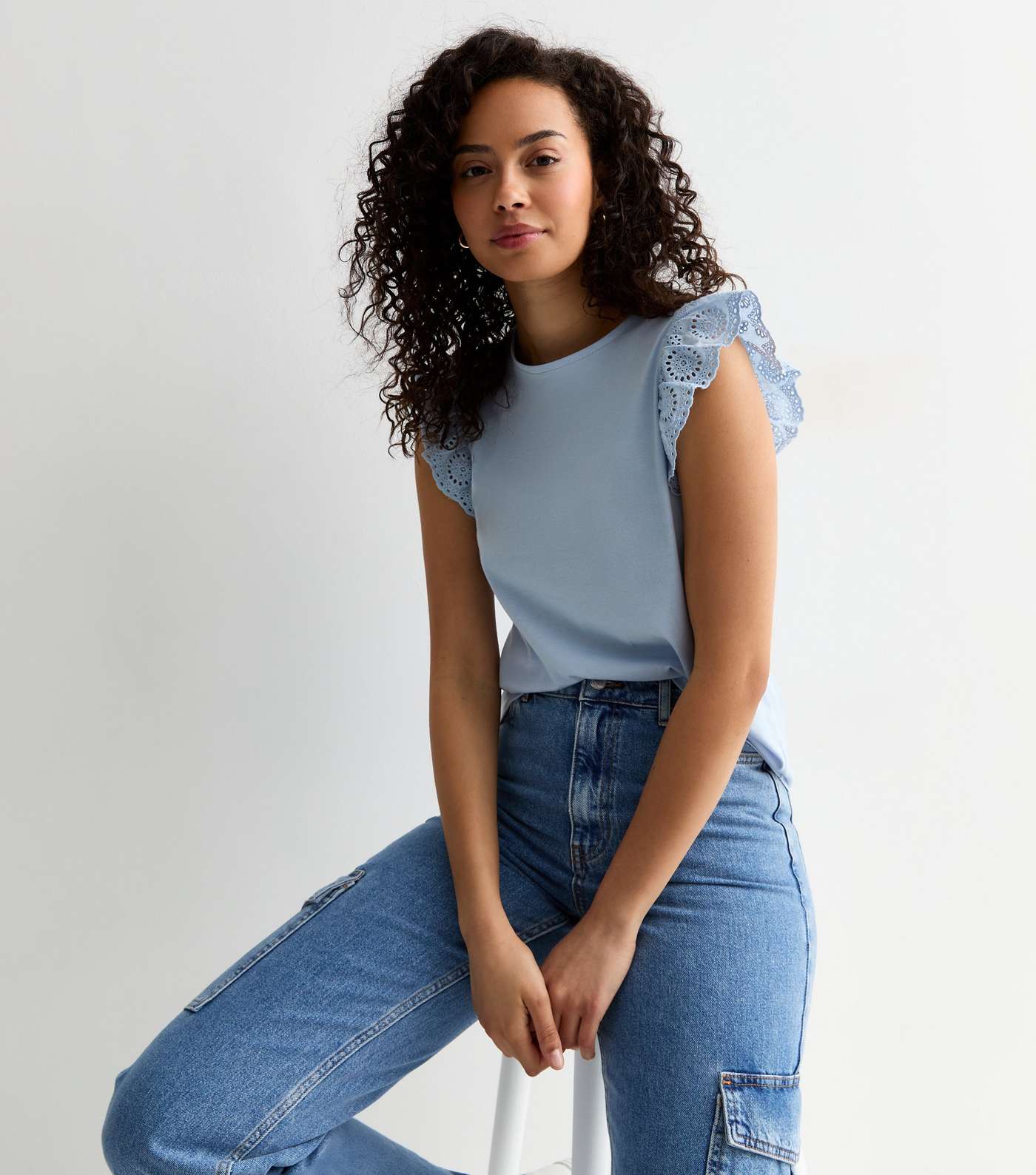 Tall Blue Cotton Frill Sleeve Top