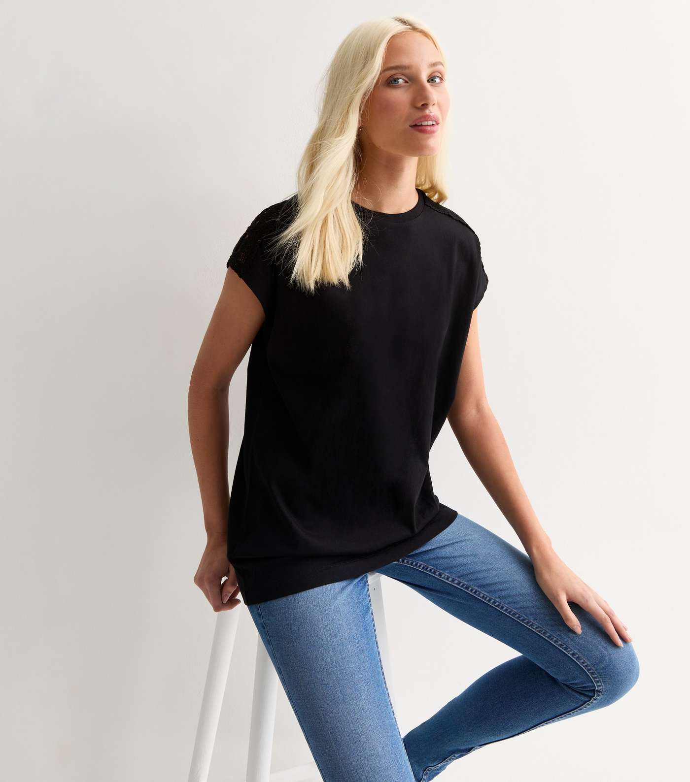 Tall Black Crochet Trim Cotton T-Shirt Image 2
