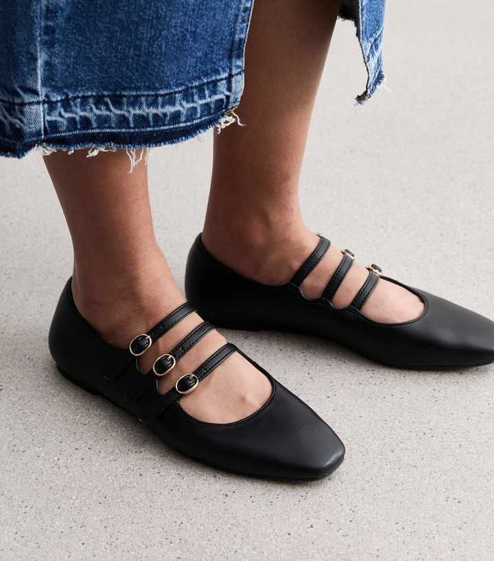 Black Triple Strap Mary Jane Flats