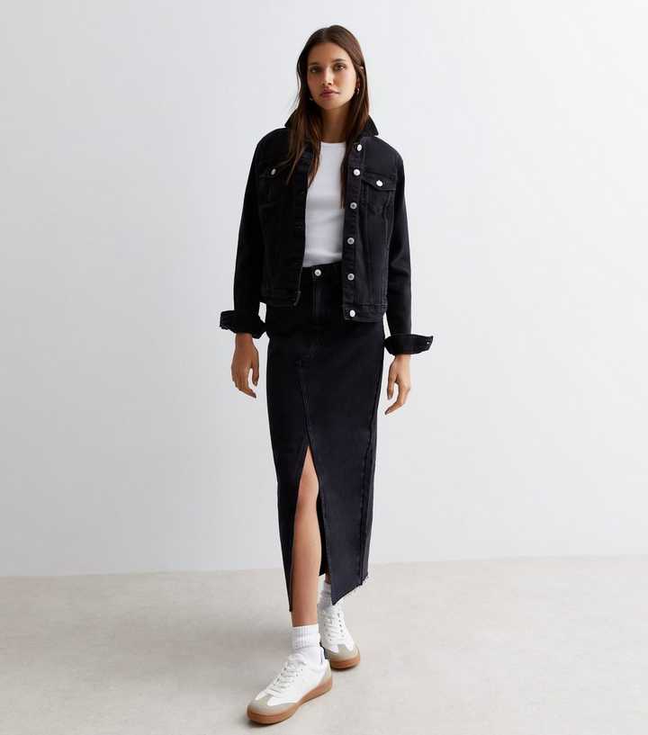 Black Denim High Waist Midi Skirt