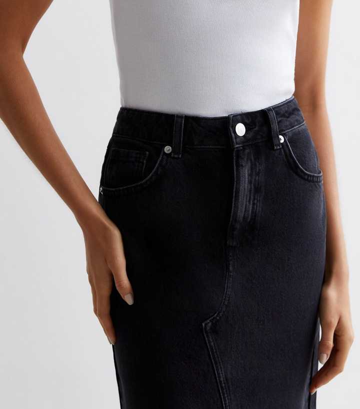 Perfect Stranger High Waist Split Denim Midi Skirt Black Wash