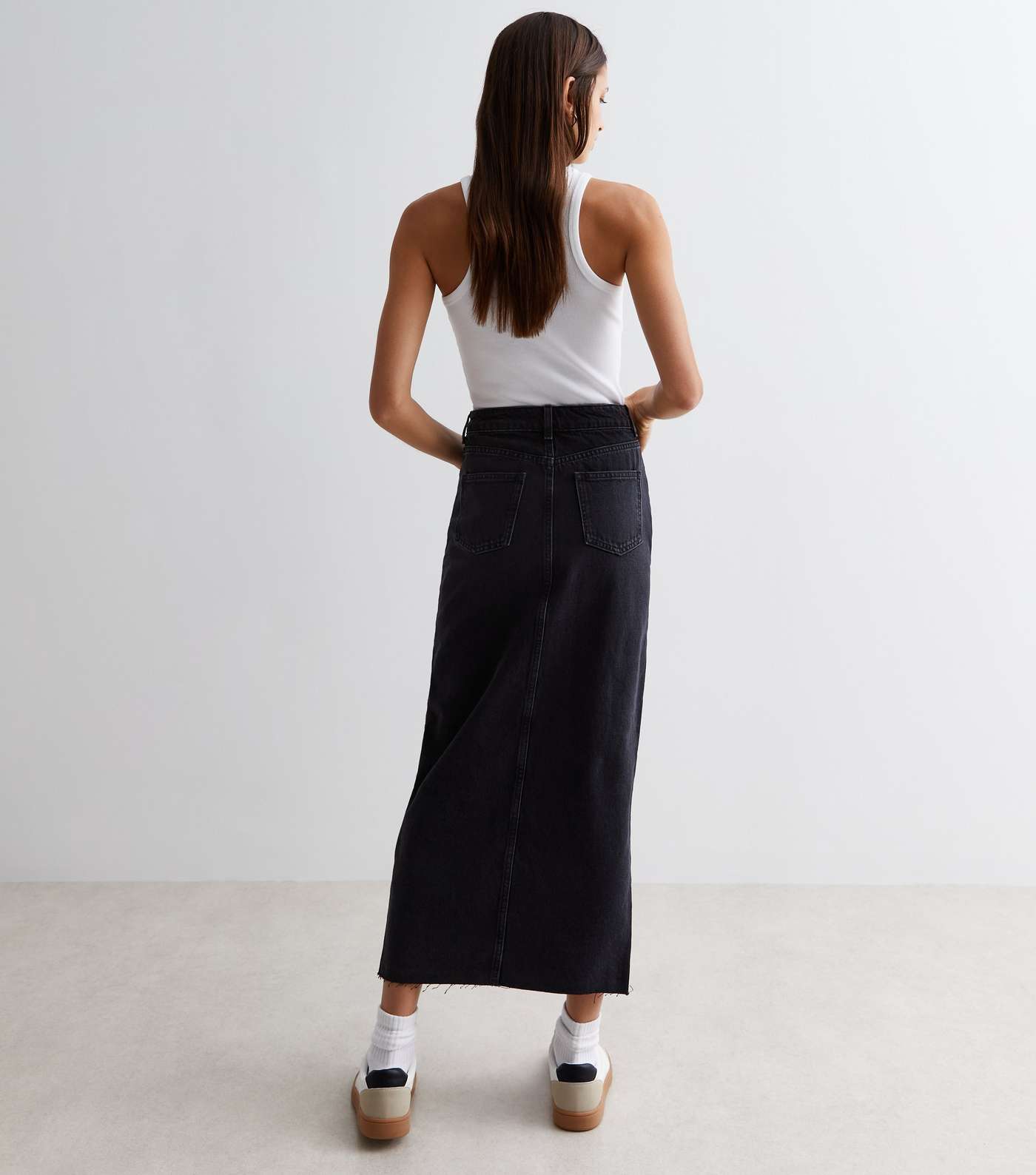 Black Denim High Waist Midi Skirt Image 6