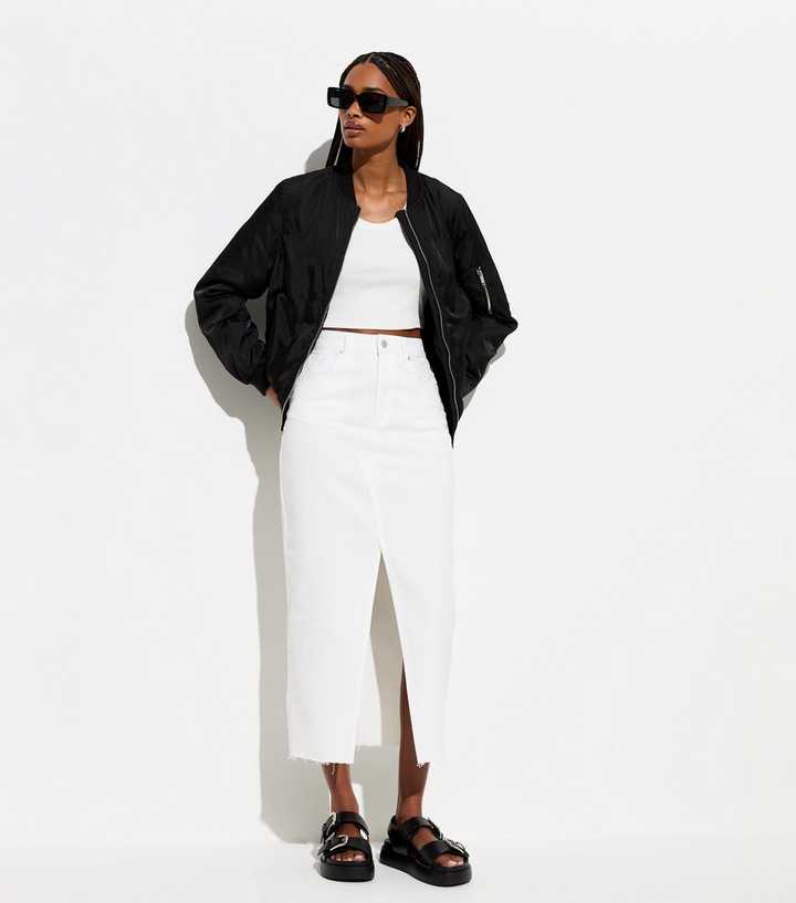 White Denim High Waist Split Hem Midi Skirt