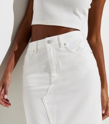 White Denim High Waist Split Hem Midi Skirt