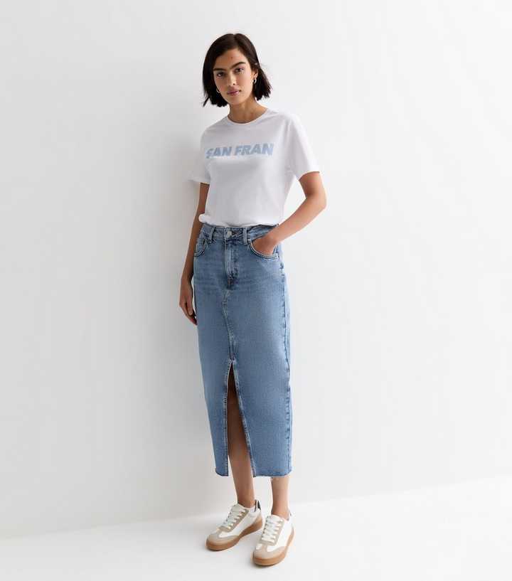 Blue Denim Raw Hem Midi Skirt